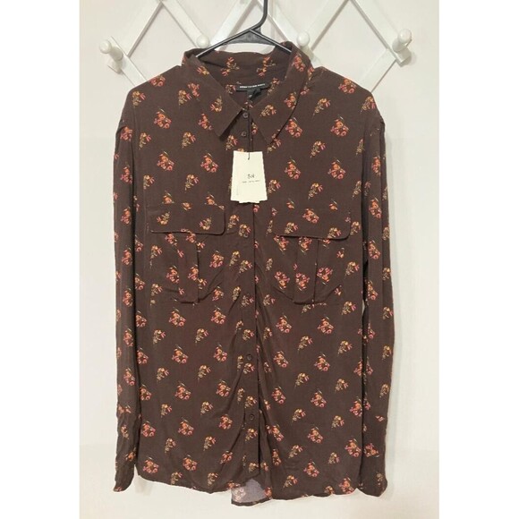 NWT Something Navy Woman's Top Brown Ganache Floral Long Sleeve  Charnas Size 1 - Picture 1 of 12